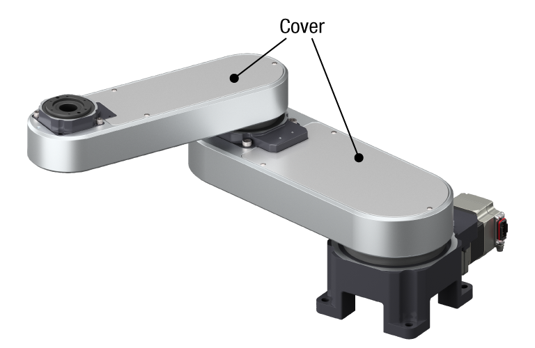 External view of OVR robot with simple dust cover. 3D diagram showing the installation position of the cover protecting the arm section