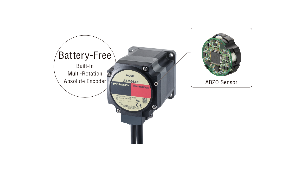 Structural diagram of the AZM66AC stepping motor and the ABZO sensor, a battery-free multi-rotation absolute encoder mounted on the motor.