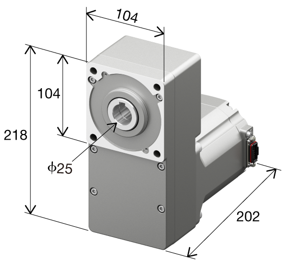 Dimensions of motor with reducer. 3D diagonal view with dimensions of 218 mm in height, with the reducer being 104 mm in height, 104 mm in width, and 202 mm in depth, and with a 25 mm diameter output shaft on the front. Each dimension is clearly marked with arrows and numerical values.
