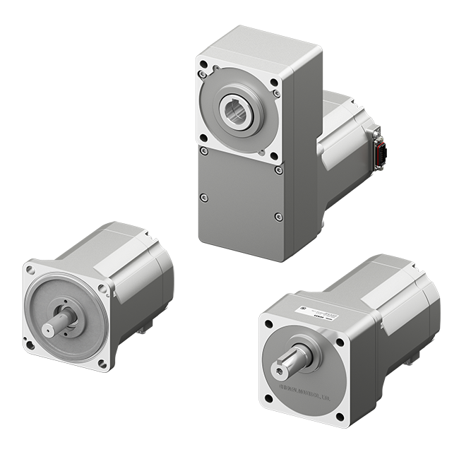 3D external view of the motor product. Three types of motors are arranged in an oblique view: a motor with reducer at the top, a compact motor at the bottom left, and a standard motor at the bottom right. Each motor shows the appearance of an industrial motor with an output shaft and flange-mounting surface.